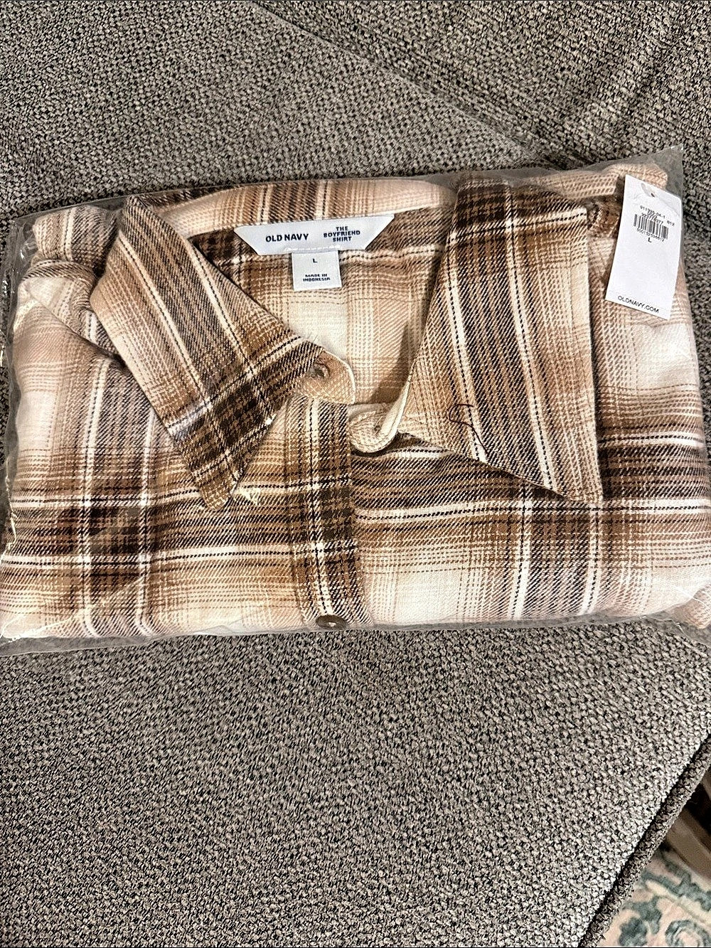 Old Navy The Boyfriend Shirt Plaid Button-Down Brown & Cream Large